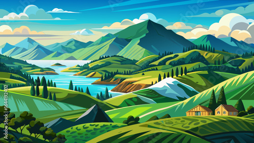 High resolution panoramic landscape with green hills in New Zealand, northern island