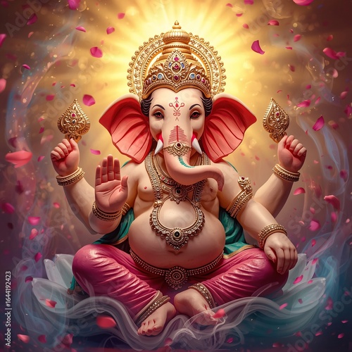 Ornate Jewel-Adorned Ganesha Statue with Floating Petals