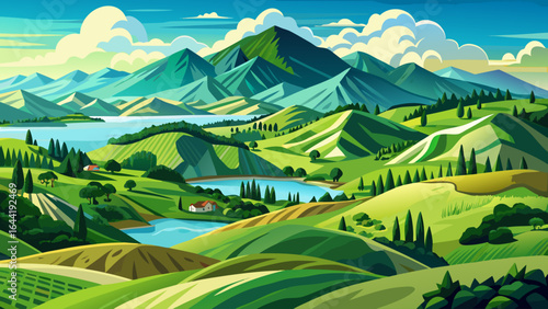 High resolution panoramic landscape with green hills in New Zealand, northern island