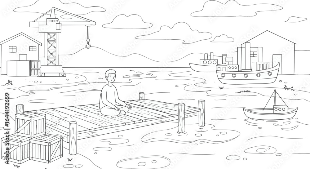 Obraz premium A man meditating on a wooden dock, with boats and industrial landscape in the background