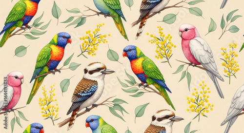 Watercolor Australian birds seamless pattern with rainbow lorikeets, galahs, kookaburras, eucalyptus leaves, and yellow wattle flowers, hand-painted wildlife illustration
