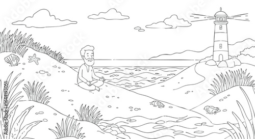 Man sits on sandy beach near lighthouse on a sunny day, drawing in a sketchbook