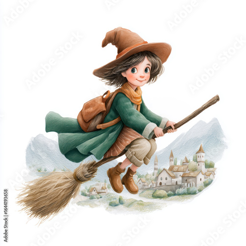 Cute Young Witch Flying on a Broomstick – Fantasy Illustration