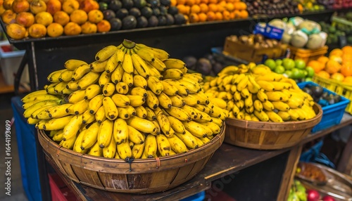 Fresh Bananas and Other Fruits Displayed in a Vibrant Market Stall Scene