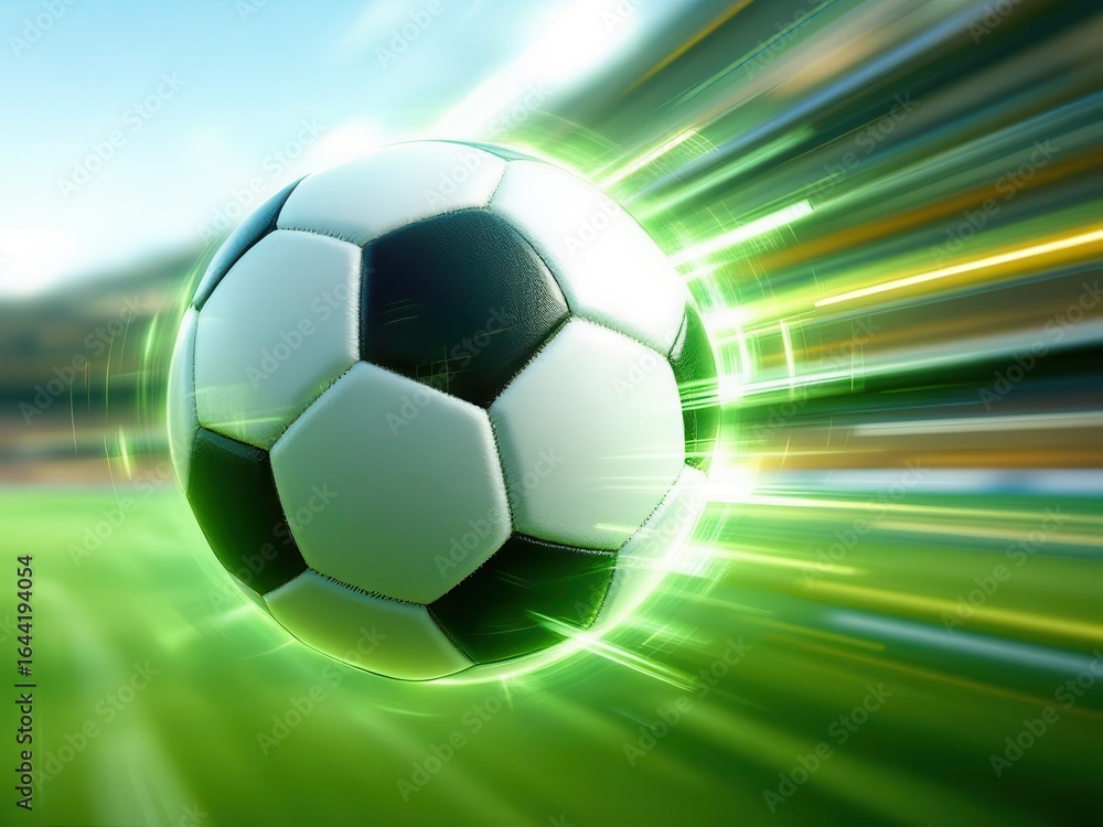 Fototapeta premium A soccer ball with classic black and white pentagonal and hexagonal panels appears to be moving rapidly across a blurred background, with a motion blur effect, accentuated by green and yellow streaks.
