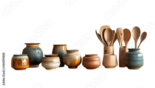 Floating kitchen shelf with artisan ceramics and wooden utensils for warm decor
