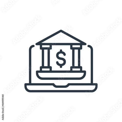 Online Banking Concept Illustration of a Classic Bank Building on a Laptop Screen
