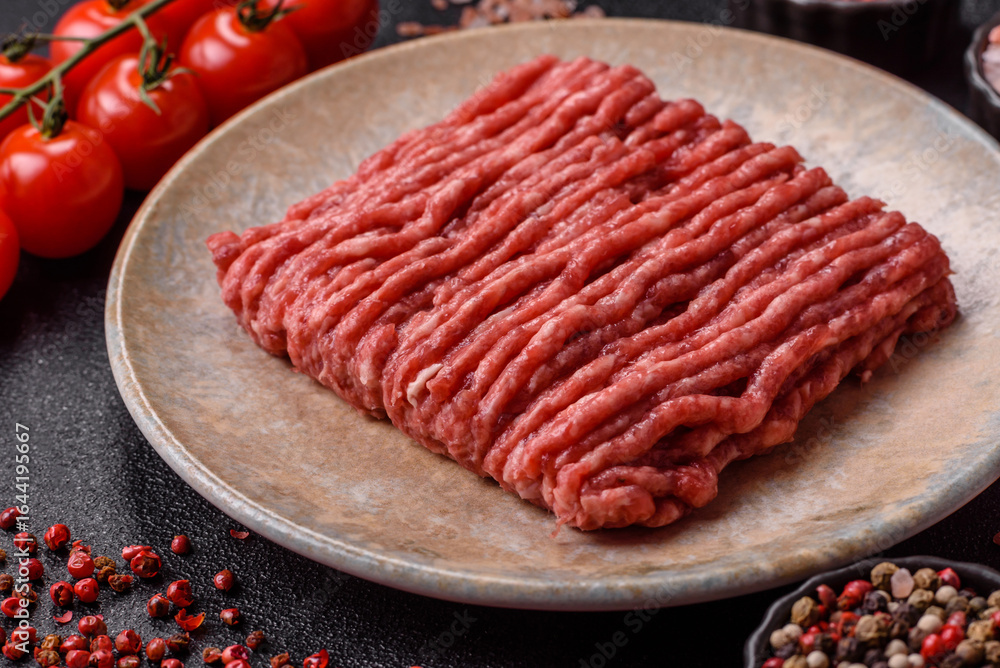 Raw minced beef or pork, ground meat for burgers. Raw minced meat Raw minced beef or pork, ground meat for burgers. Raw minced meat