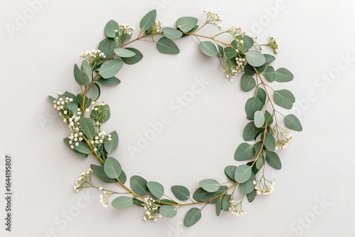 Delicate eucalyptus and baby s breath wreath on white background