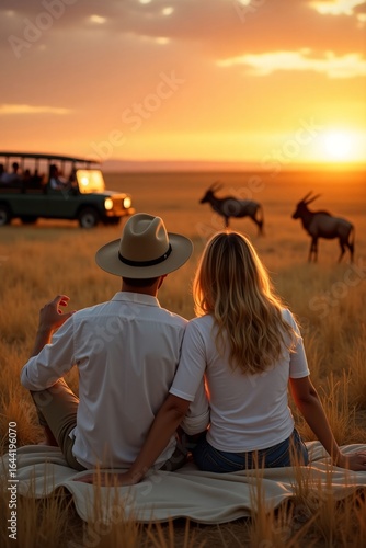Couple Enjoying African Safari Sunset with Wildlife in View