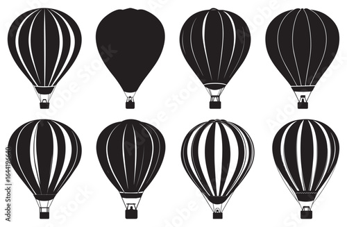Hot Air Balloon Icon Set in Outline and Solid Style. Black Hot Air Balloon Vector Icons for Travel Design.