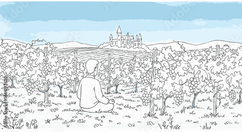 A person finds peace and tranquility while meditating in a scenic vineyard landscape overlooking a distant fairytale castle.