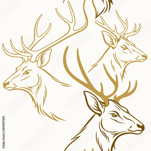 Seamless luxury pattern of minimal continuous line reindeer heads, gold on white, elegant vector, modern design, high-end branding style.
