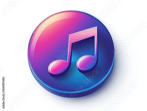 Purple blue gradient glossy music note round icon 3D vector, soft shadows low-contrast white background for app interfaces, player UI
