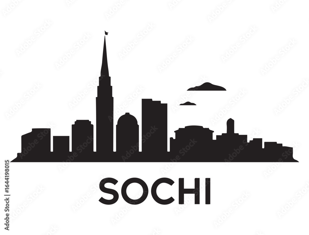 Naklejka premium Sochi skyline silhouette. Landscape Sochi, Russia. Vector illustration. Vector black silhouette. with white background.