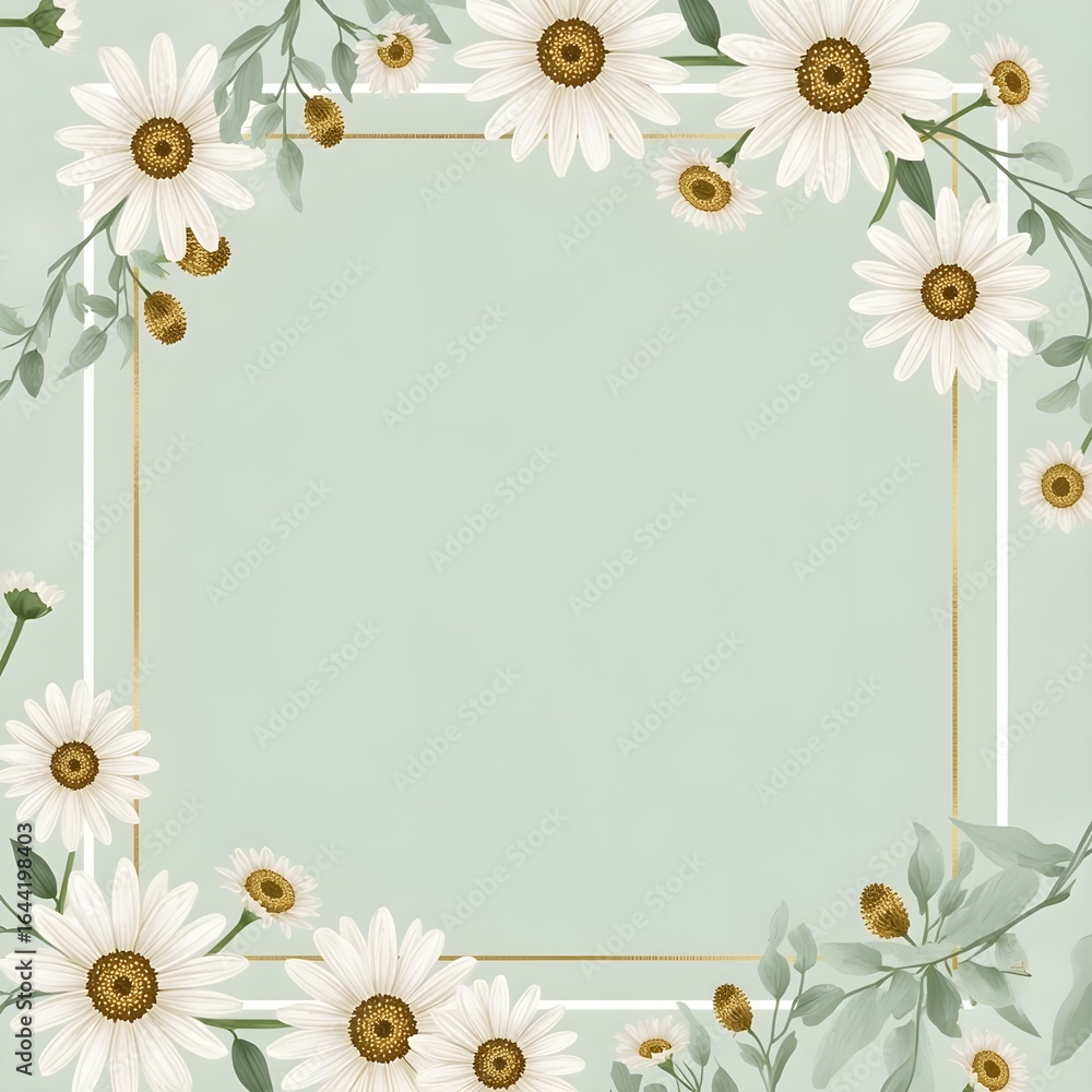 Fototapeta premium Elegant floral frame featuring daisies and greenery, perfect for invitations or greeting cards