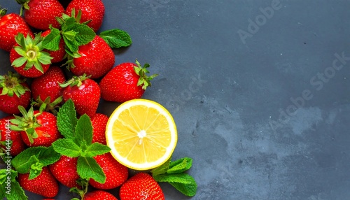 Vibrant strawberries, lemon slice, and mint leaves on a textured dark gray background with ample copy space