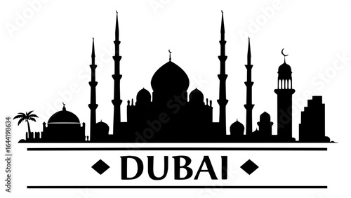 "Stylized Dubai skyline silhouette in pure black, featuring tall modern towers and mosque domes in a balanced horizontal arrangement, bold all-caps 'DUBAI' text below in sans-serif font."