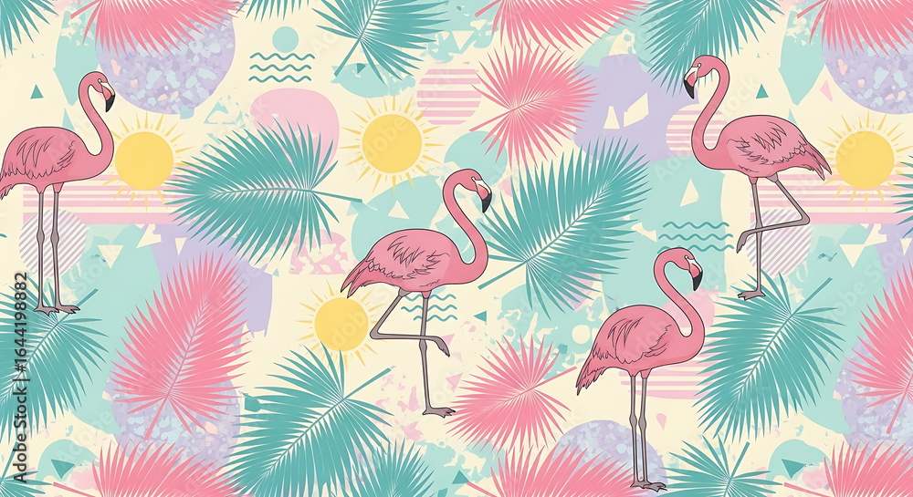 Obraz premium Vibrant pink flamingos dance amidst tropical palm leaves and retro suns, creating a playful, summery vibe perfect for beachy designs and vacation themes.