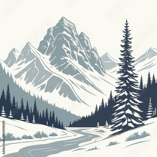 Minimal snow-covered mountain shapes, abstract vector, muted winter palette.
