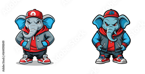 Confident Elephant Mascot Wearing Oversized Hoodie and Snapback Hat Vibrant Street Style Vector