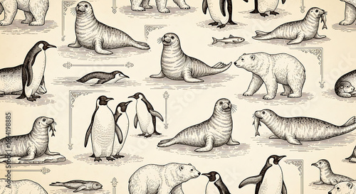 Charming vintage sketch pattern of polar bears, penguins, and seals creates a delightful, nostalgic wildlife scene perfect for educational or decorative use.
