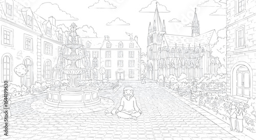 Zen in the City Square A Meditative Coloring Page with Buildings and Plants