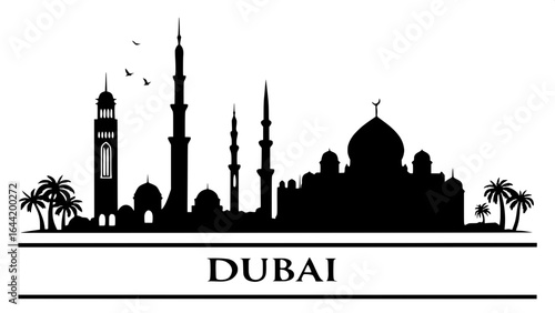 "Crisp black and white silhouette of Dubai architecture with varying skyscraper heights and mosque domes, simple horizontal composition, elegant sans-serif 'DUBAI' beneath."