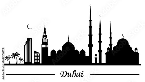 "Crisp black and white silhouette of Dubai architecture with varying skyscraper heights and mosque domes, simple horizontal composition, elegant sans-serif 'DUBAI' beneath."