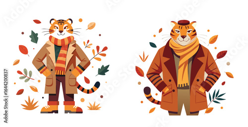 Stylish Tiger Logo in Cozy Autumn Fashion with Layered Sweaters Scarves and Ankle Boots Warm Earth Tone Vector