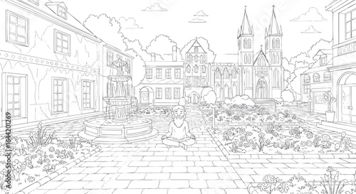 A tranquil meditation in a charming European town square with a focus on inner peace and serenity