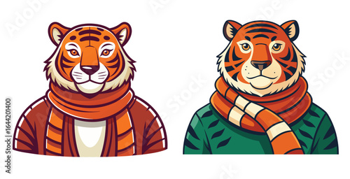 Warm and Inviting Tiger Logo Wearing Chunky Knit Sweater and Scarf with Cozy Textures Vector Design