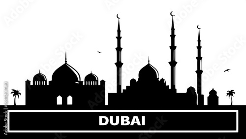 "Black silhouette of Dubai's skyline in a clean, minimalist style, skyscrapers and mosques aligned horizontally, white background, strong bold 'DUBAI' lettering centered below."