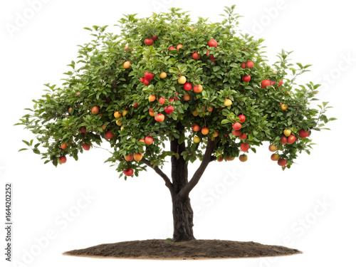 A full apple tree with red and yellow apples and green leaves against a black background in isolation