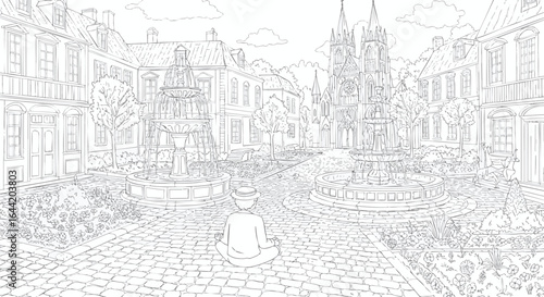 Serene meditation in a historic European town square. Detailed line art illustration for coloring, travel, and mindfulness concepts.