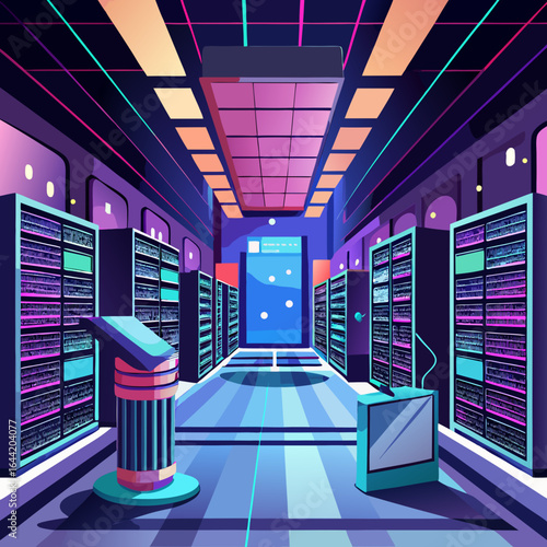 Futuristic neon server room with rows of racks