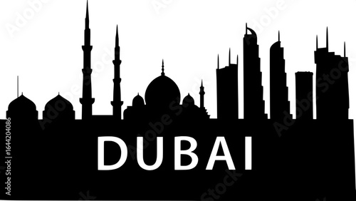 "Elegant black silhouette of Dubai's cityscape against a pure white background, with modern towers, domes, and spires arranged in a straight horizontal line, large bold 'DUBAI' text beneath in all cap