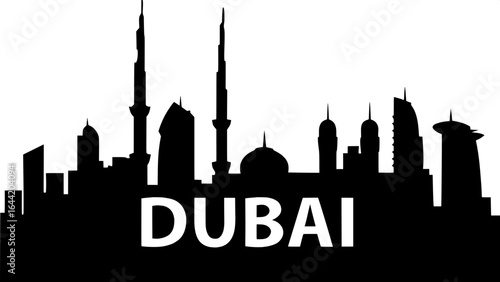 "Elegant black silhouette of Dubai's cityscape against a pure white background, with modern towers, domes, and spires arranged in a straight horizontal line, large bold 'DUBAI' text beneath in all cap