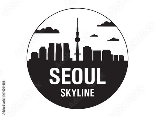 Seoul skyline. Circular style. Stock vector illustration. Vector black silhouette. with white background.