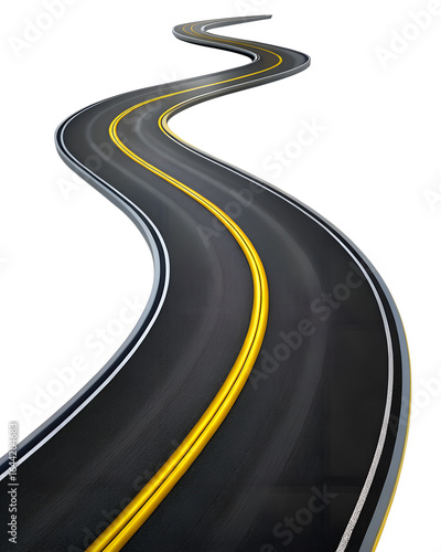 Winding Asphalt Road with Yellow Lines on Transparent Background