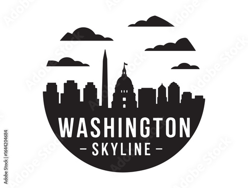 Washington skyline. Circular style. Stock vector illustration. Vector black silhouette. with white background.