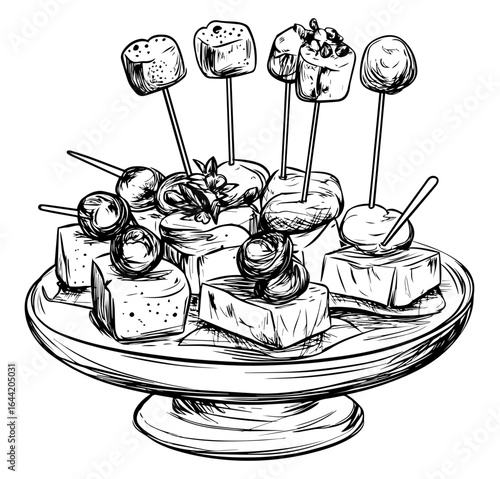 Pintxos Platter Hand-Drawn Vector Illustration. Spanish Tapas Pintxos Sketch Style SVG.