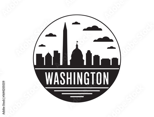 Washington skyline. Circular style. Stock vector illustration. Vector black silhouette. with white background.