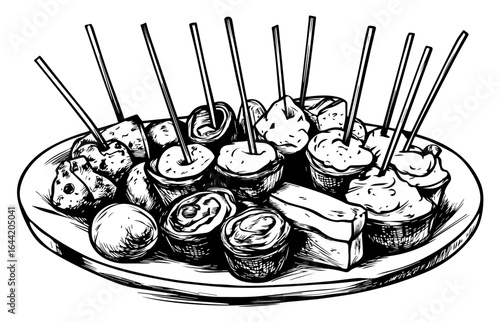 Pintxos Platter Hand-Drawn Vector Illustration. Spanish Tapas Pintxos Sketch Style SVG.