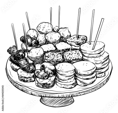 Pintxos Platter Hand-Drawn Vector Illustration. Spanish Tapas Pintxos Sketch Style SVG.