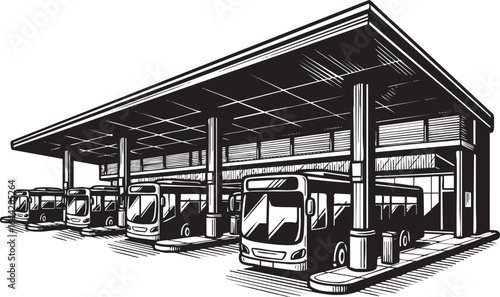 Vintage Bus Station with Multiple Coaches Vector Illustration