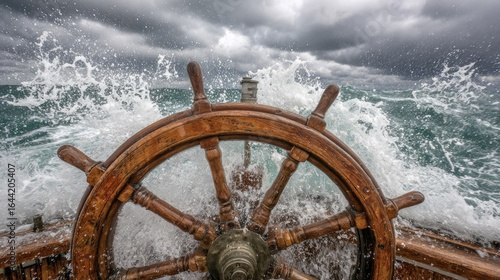 A wooden ship's wheel navigates through a stormy sea.