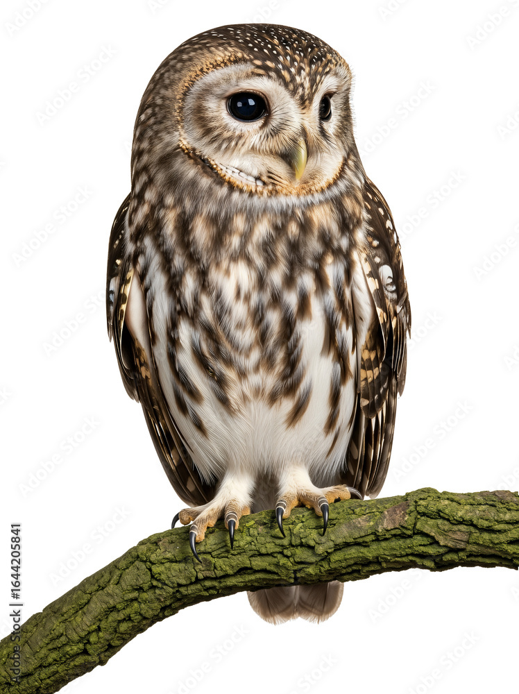 Fototapeta premium A cute Tawny Owl (Strixaluco) with dark eyes perched on a branch. PNG with transparent