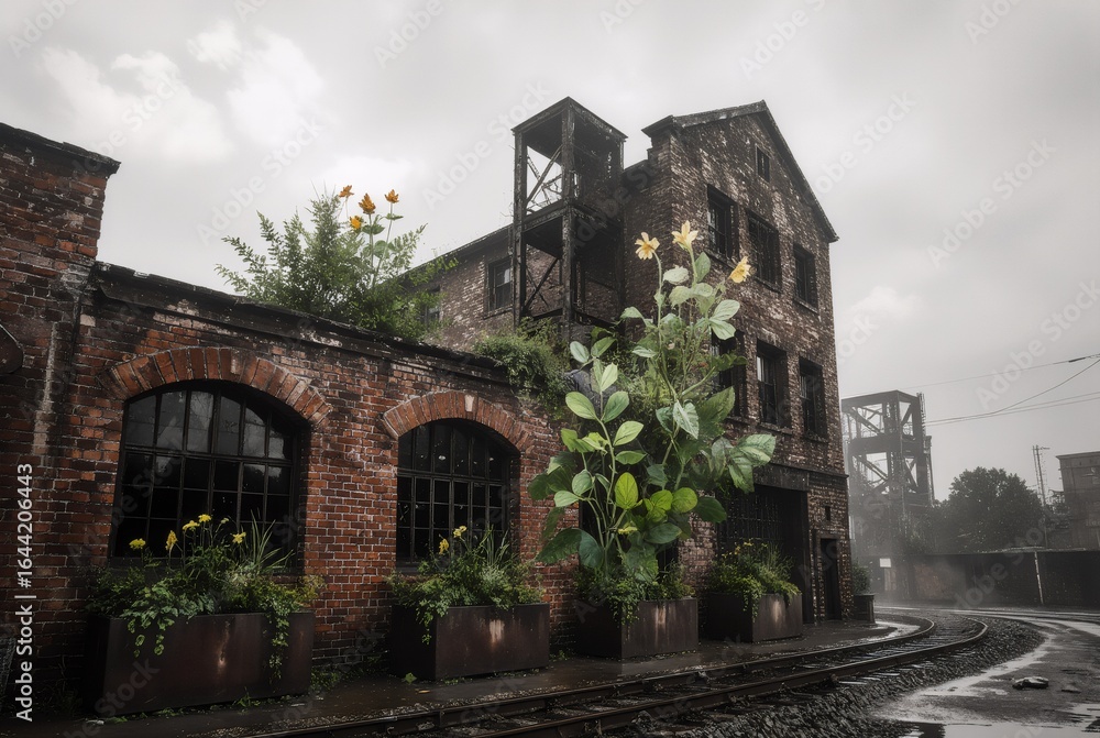 Obraz premium Striking mixed-media scene blends post-industrial Bytom architecture with bold botanical graphics, symbolizing urban renewal and eco innovation. Perfect for bold commercial campaigns.