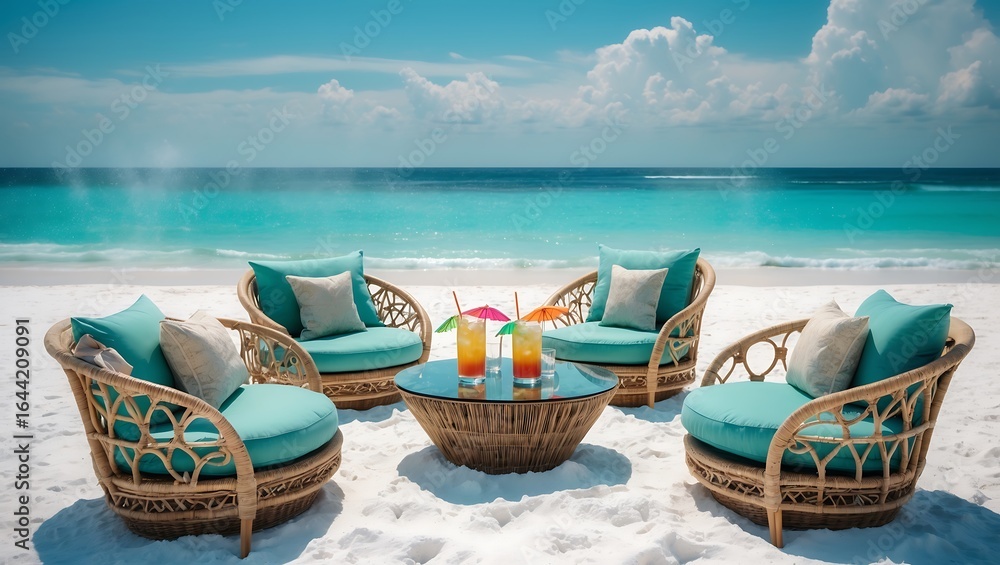 Obraz premium Beach resort lounge chairs and tropical cocktails on white sand beach vacation getaway destination travel spot on transparent background